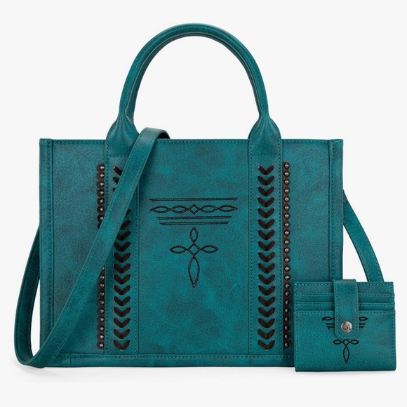 Montana W Whipstitch Concealed Carry Tote With Matching Bi-Fold Wallet Turquoise